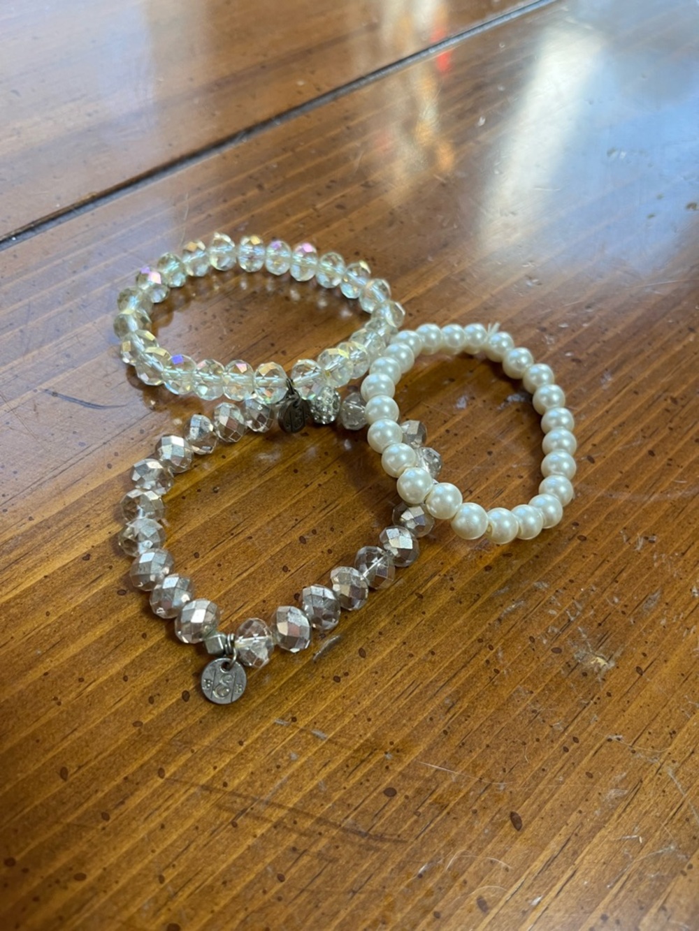 Set of 3 Glass Crystal & Pearl Beaded Stretch Stacking Bracelets EUC